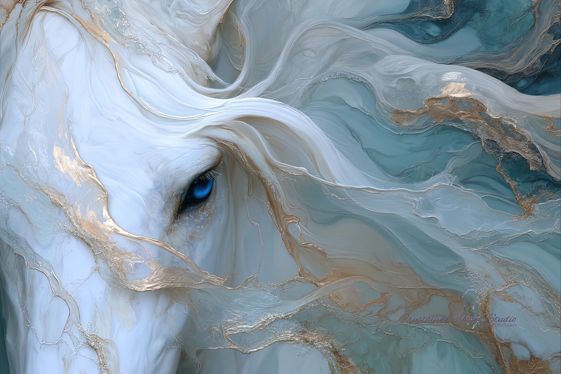 White horse with a vivid blue eye emerging through flowing aqua, alabaster, and gold mineral textures