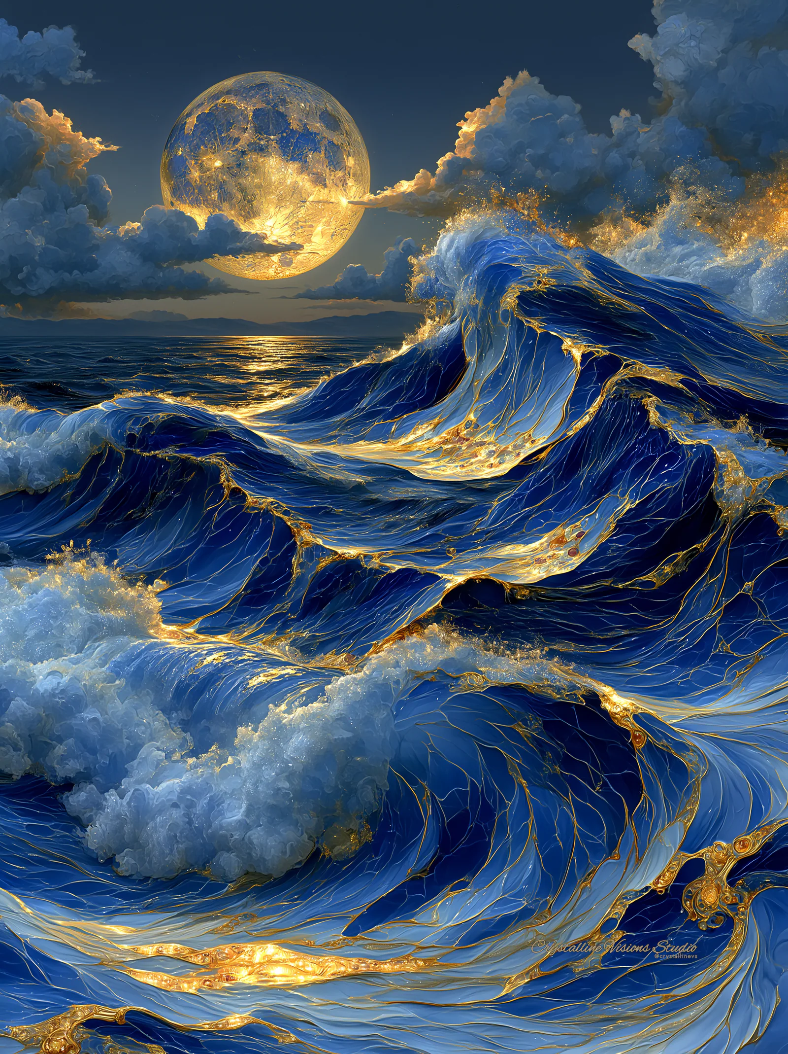 Towering cobalt blue ocean waves threaded with gold beneath a glowing full moon
