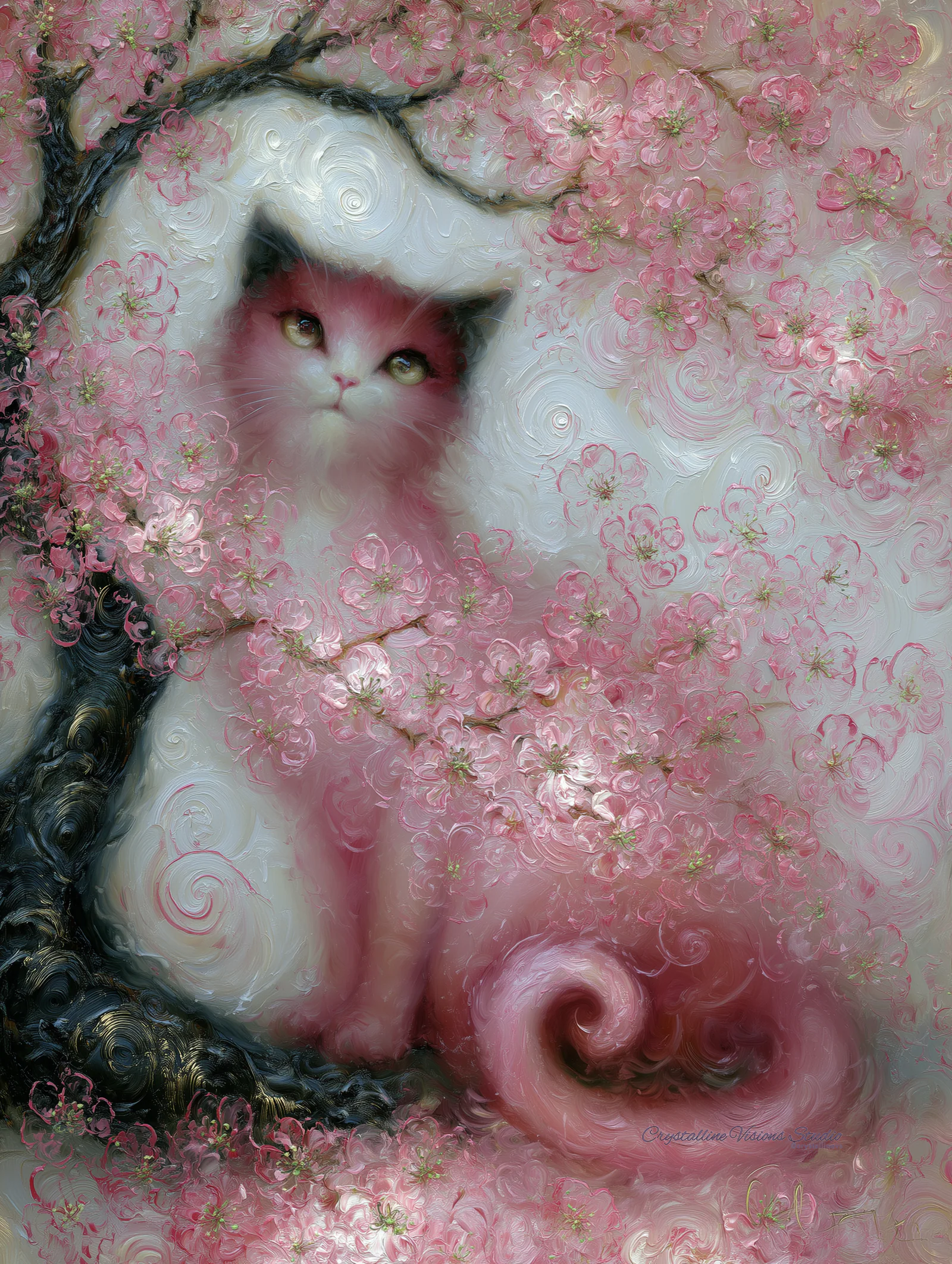 Soft pink cat nestled among pale pink blossoms and dark curling branches in thick oil-paint texture