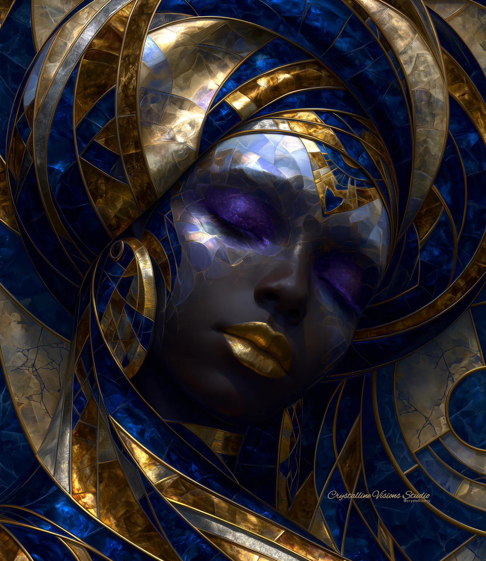 Serene dark-skinned face framed by sweeping cobalt, gold, and crystal Art Deco forms