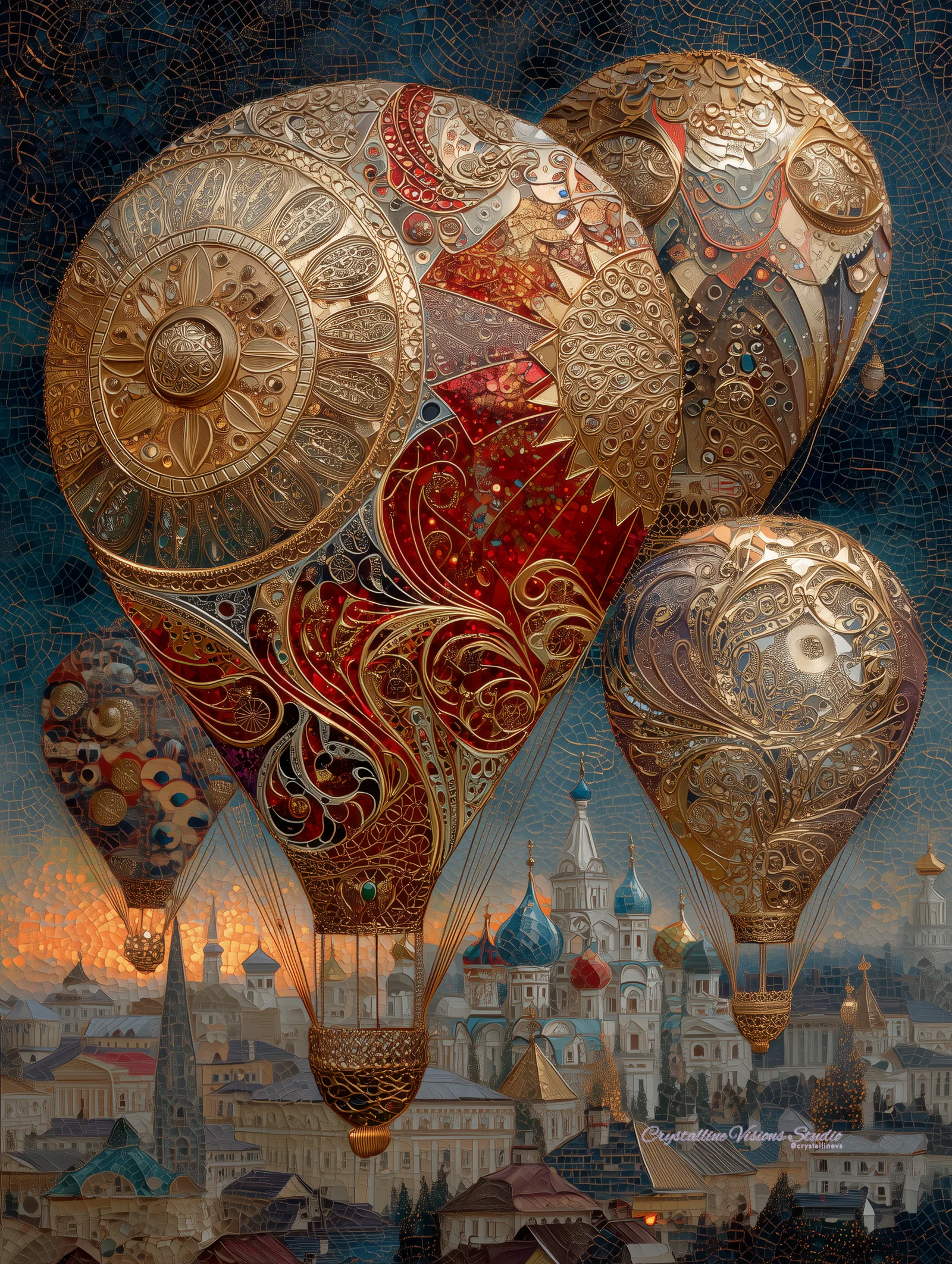 Ornate jewel-like hot-air balloons floating above a fantastical city at dusk
