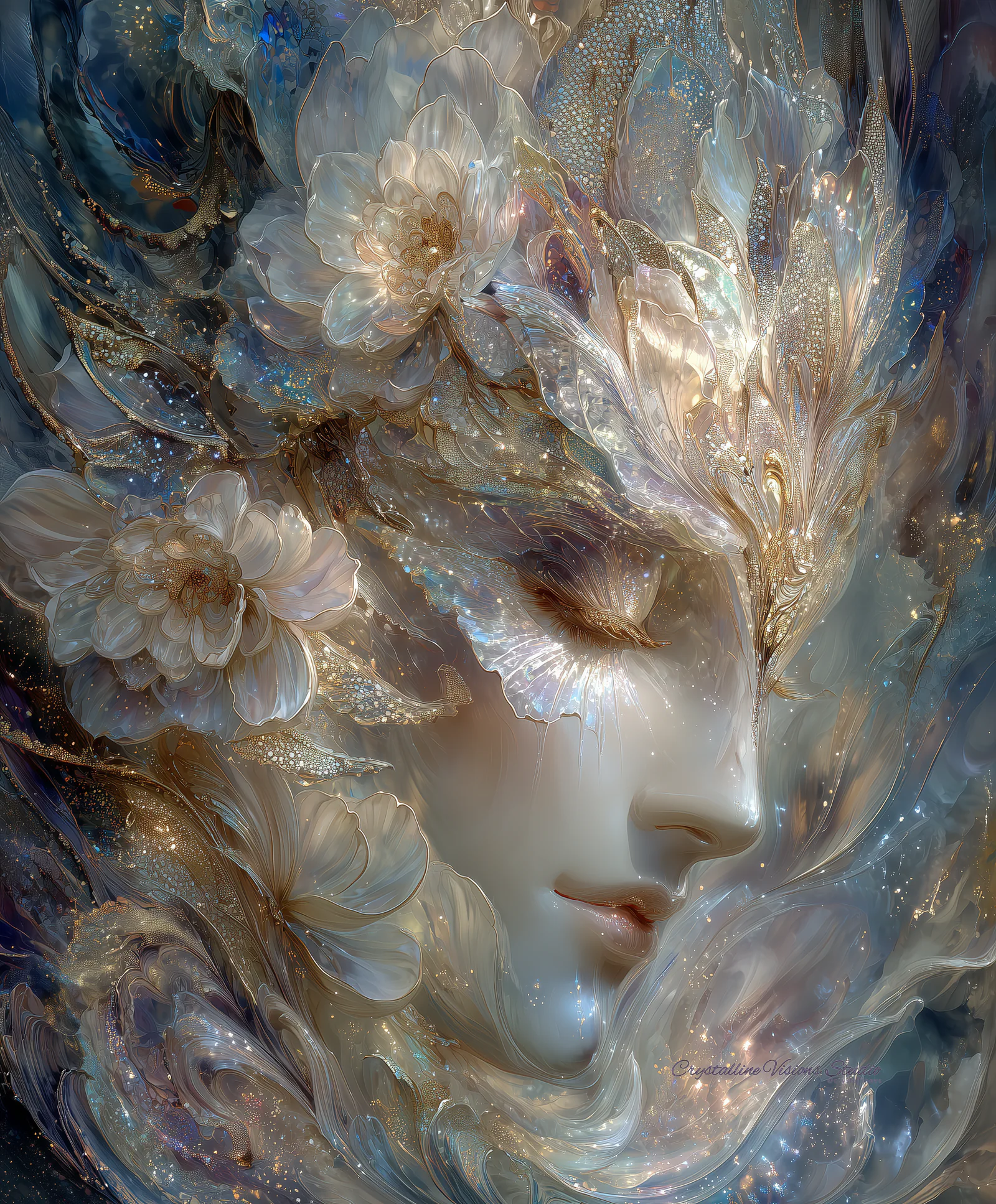 Pearlescent feminine face emerging from luminous white flowers, gold filigree, and glasslike botanical forms