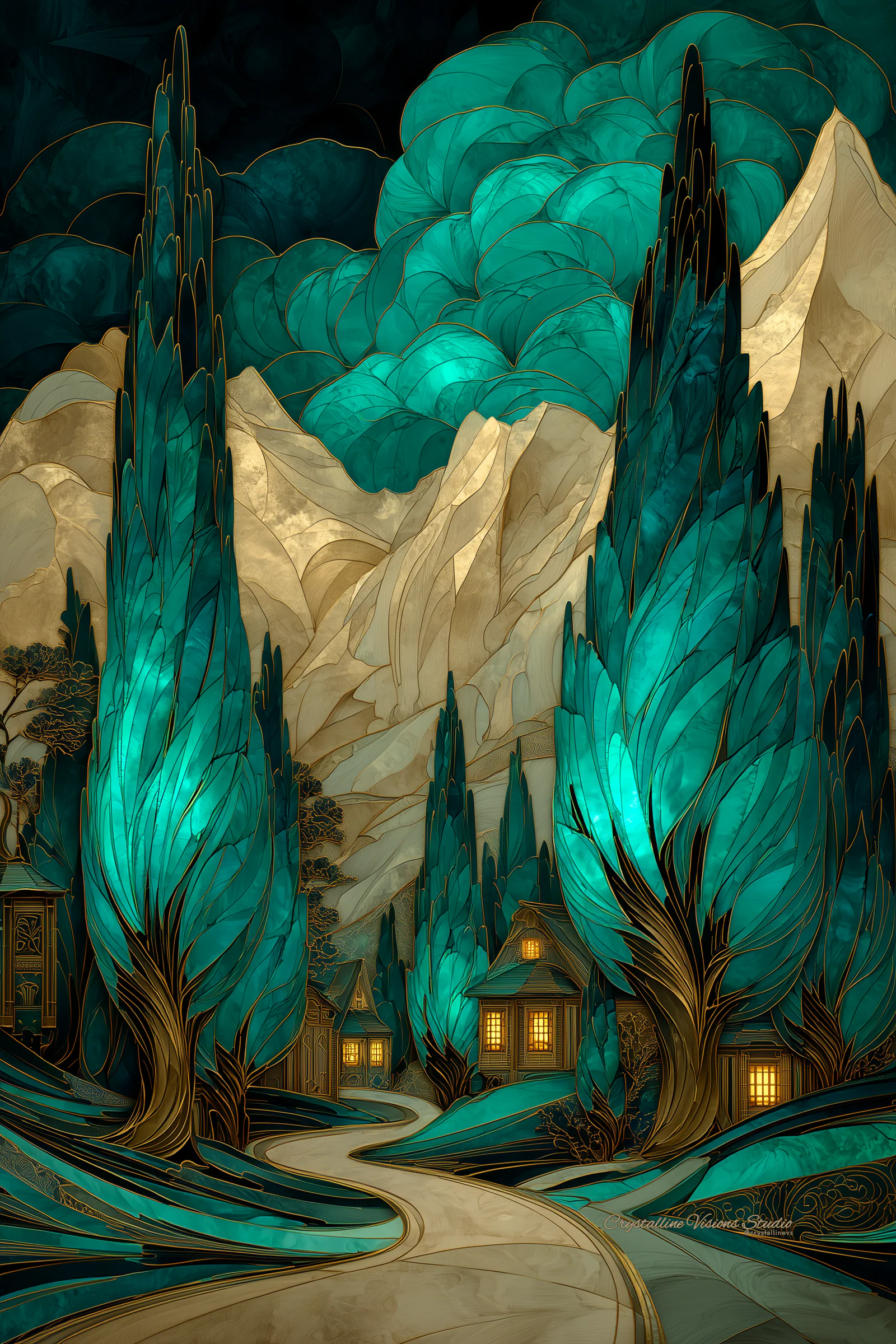 Golden path through glowing emerald trees and small lit houses beneath pale metallic mountains