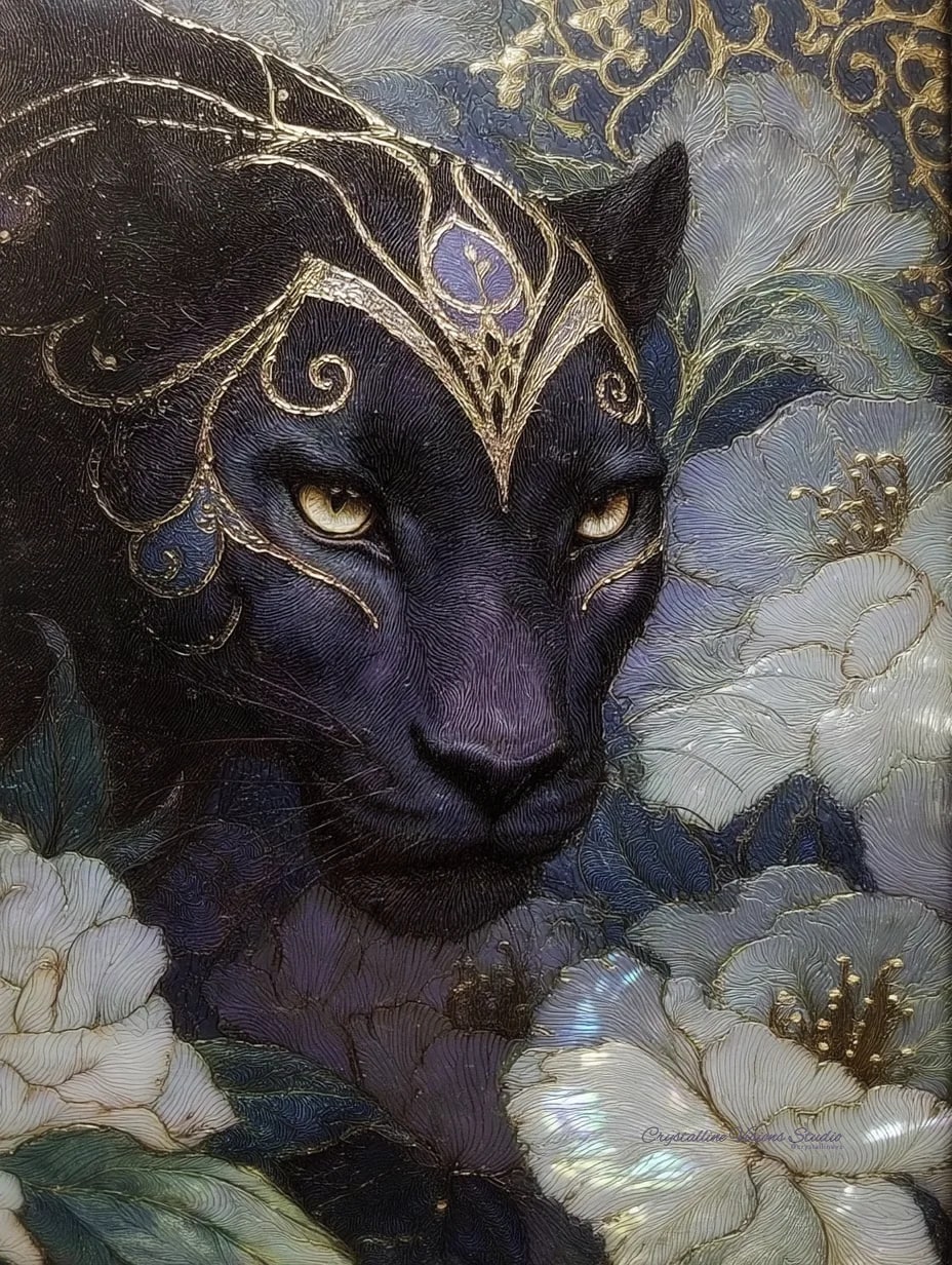 Dark indigo panther with gold filigree markings surrounded by ivory and blue engraved flowers