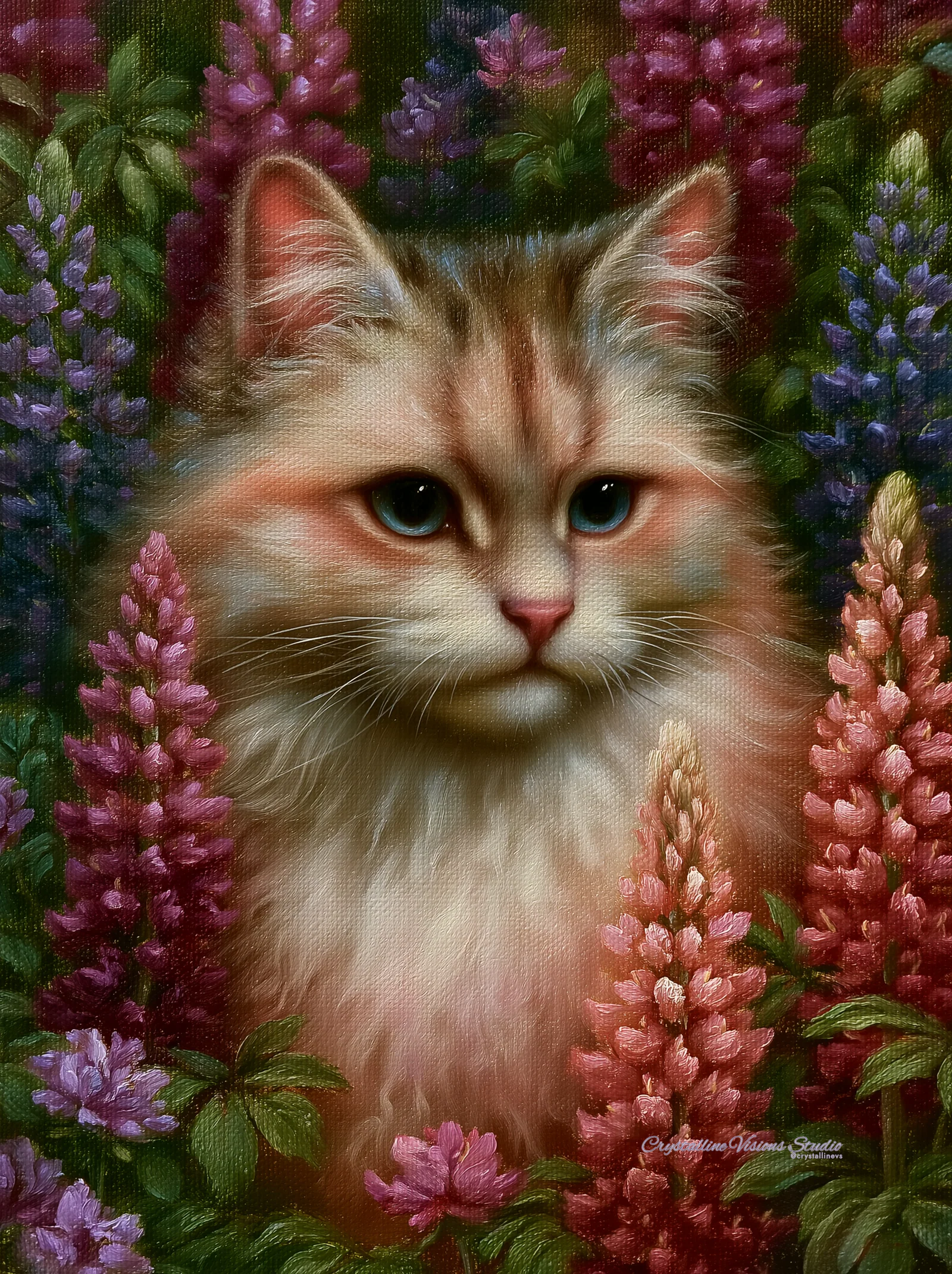 Cream-colored cat surrounded by richly textured pink, violet, and green flowers