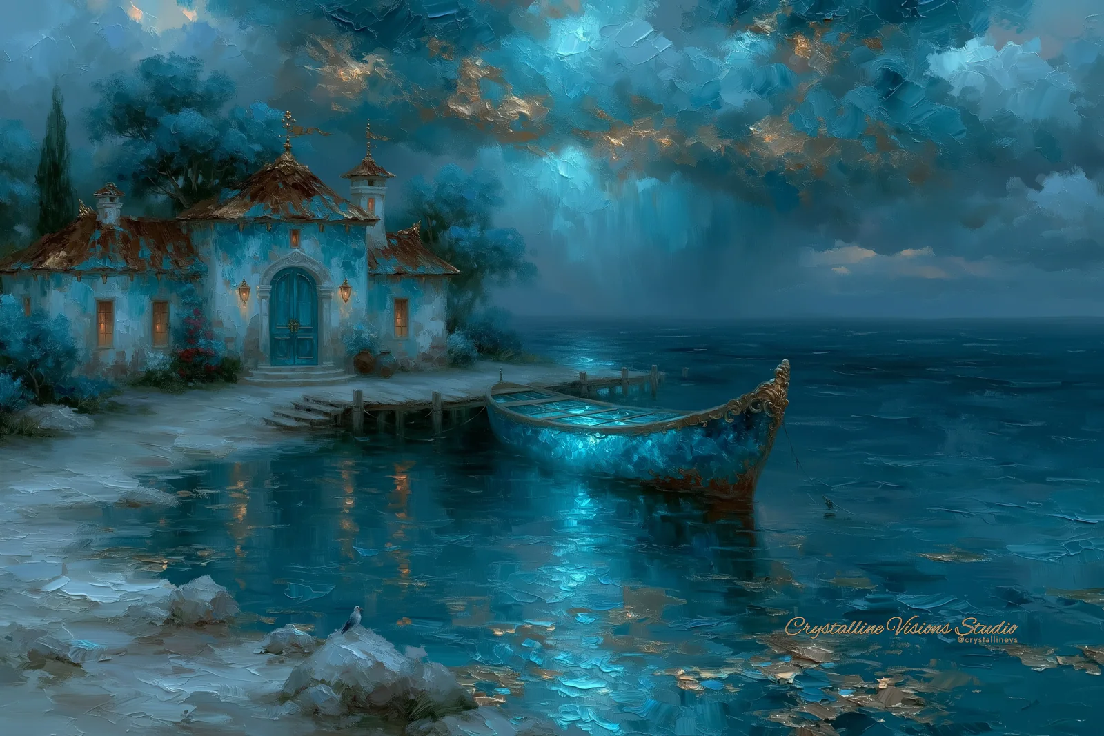 Luminous blue boat beside a moonlit coastal house under dramatic teal storm clouds