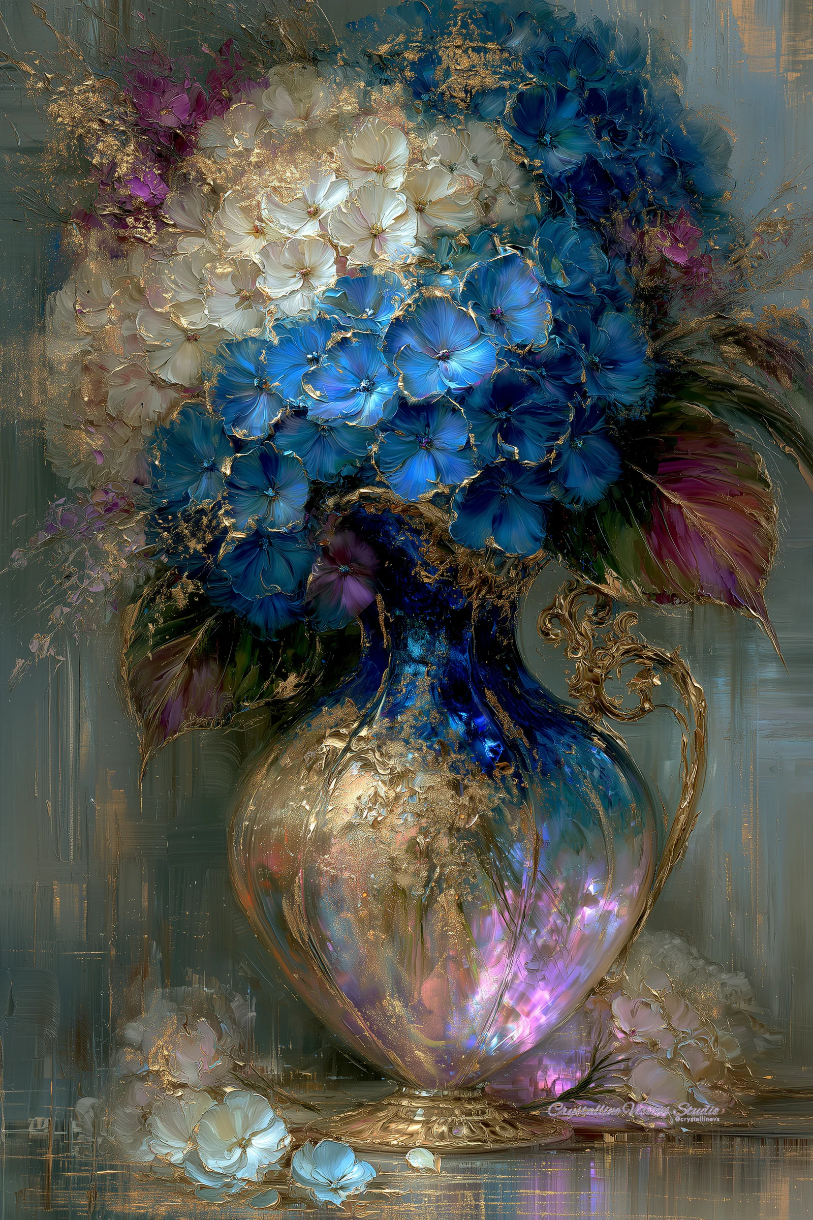Cobalt, ivory, and violet flowers arranged in a reflective iridescent gold vase