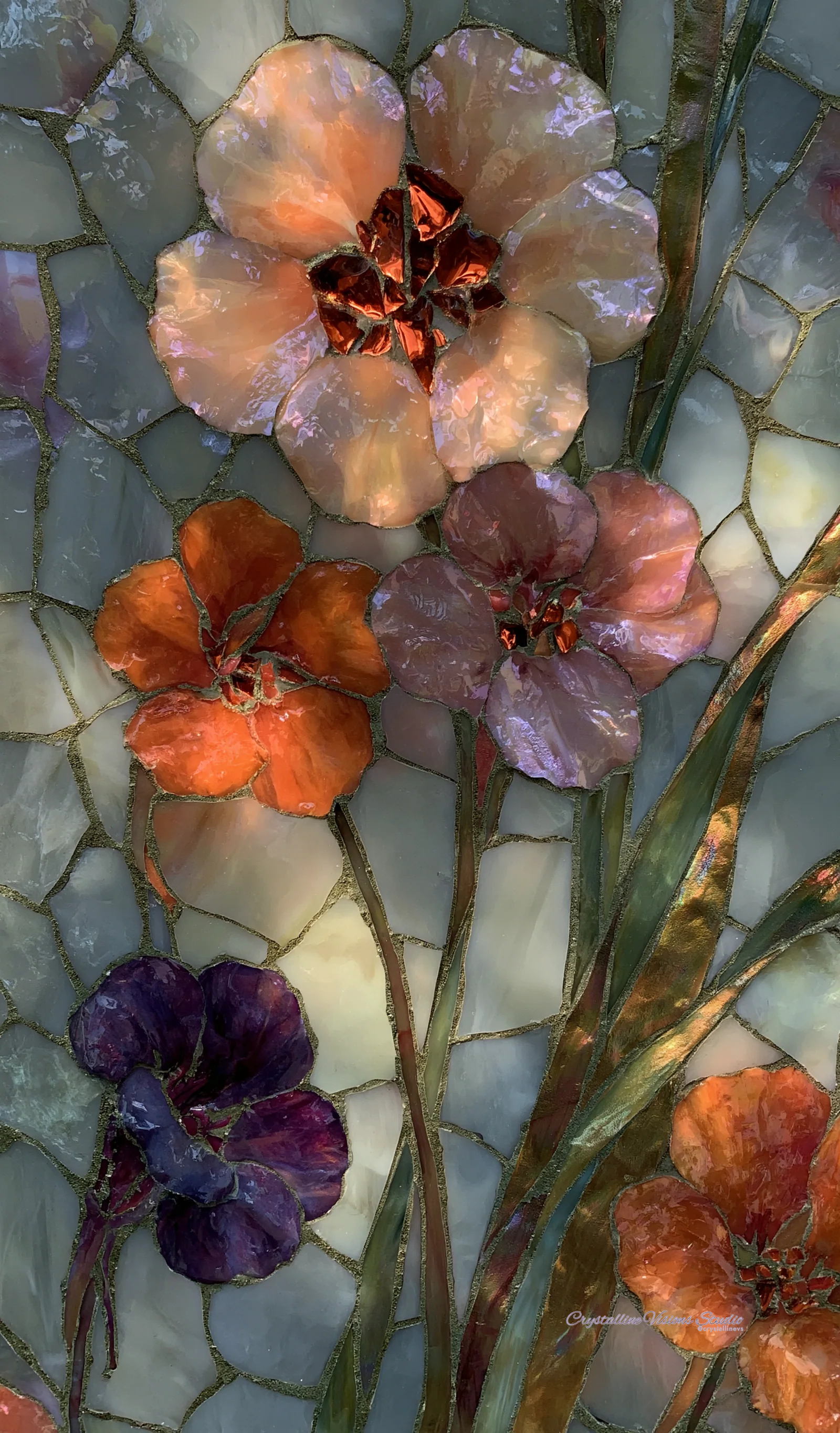 Tall mosaic garden panel with luminous peach, lilac, and violet flowers set in pale opaline glass