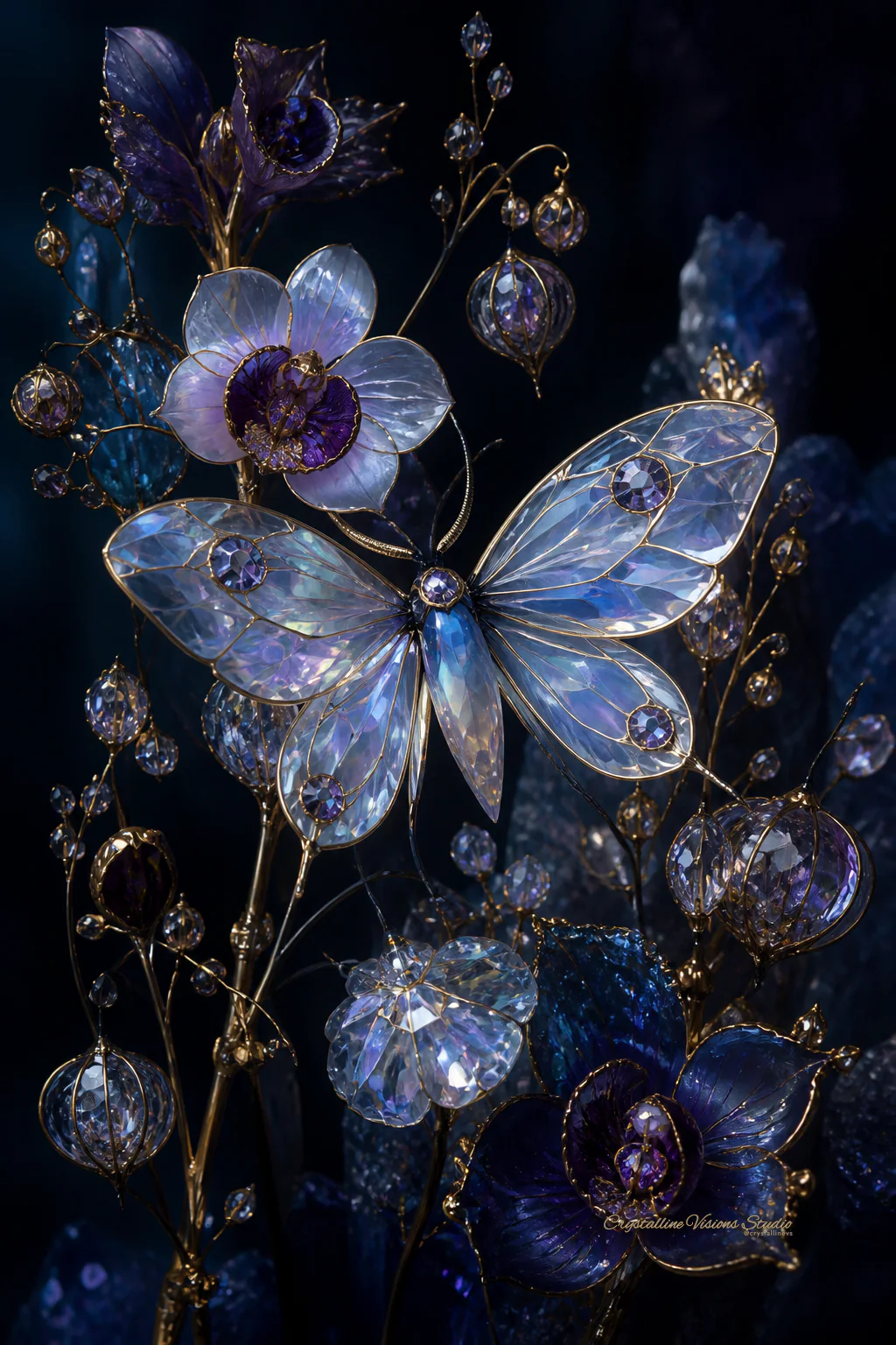 An opalescent glass moth among sapphire orchids and gilded stems.