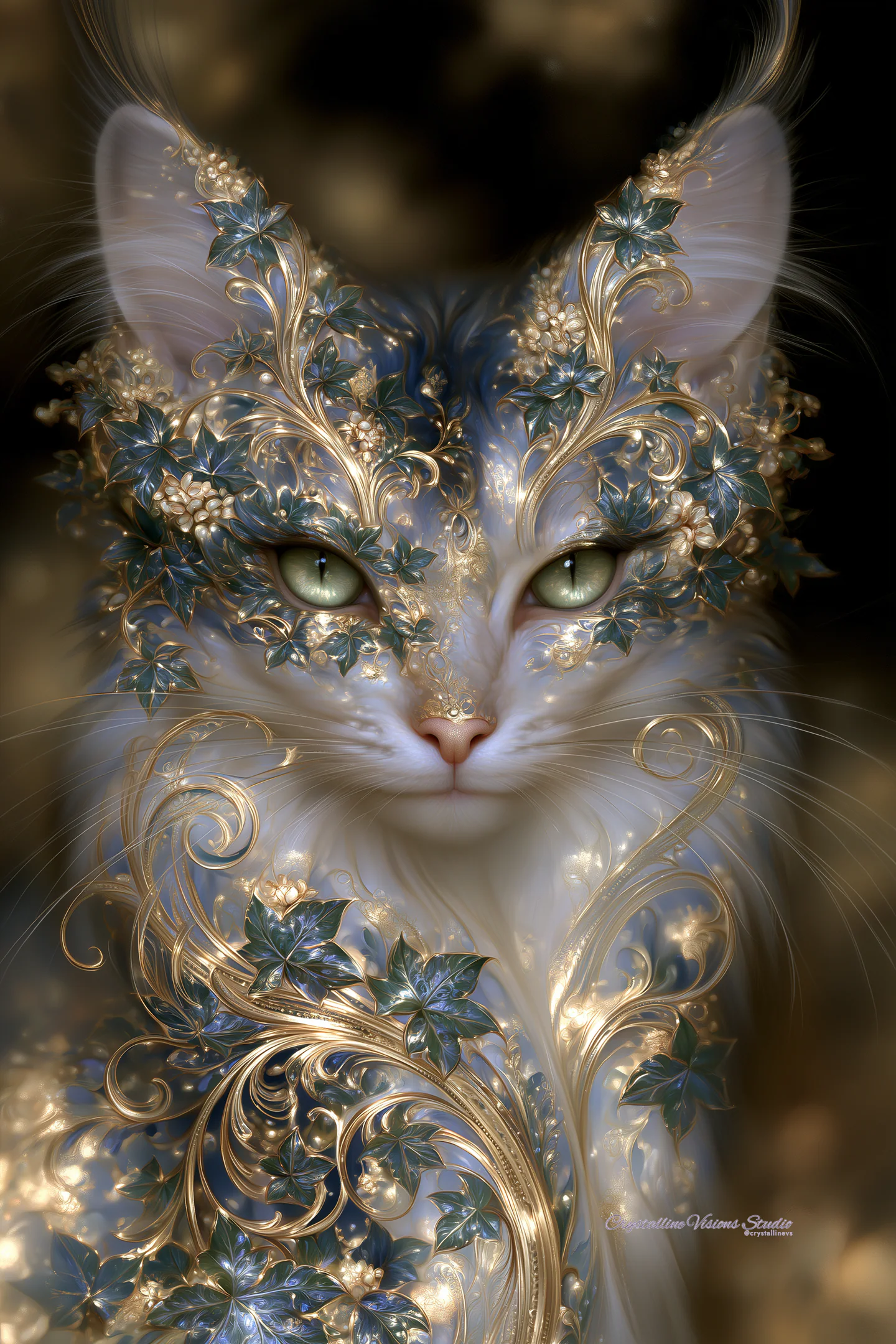 Ivy and Ivory, a white cat with luminous green eyes adorned in gold filigree and deep green ivy.