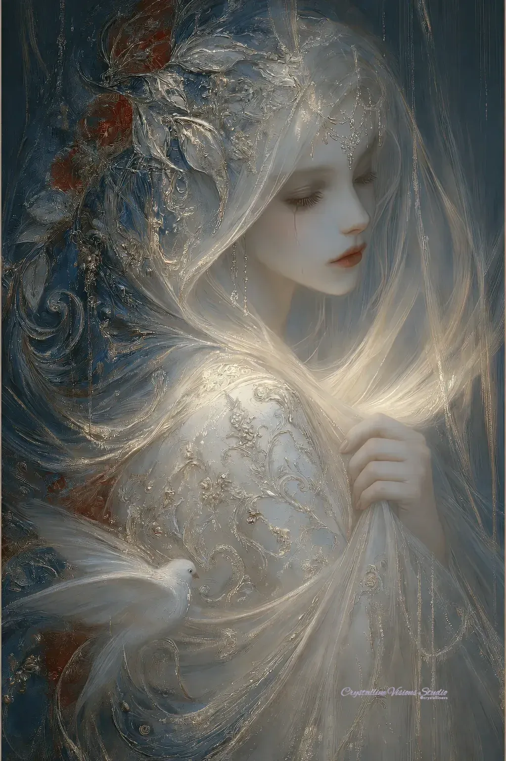 The Quiet Benediction, an ethereal pale figure in ornate silver-blue textures holding a white dove.