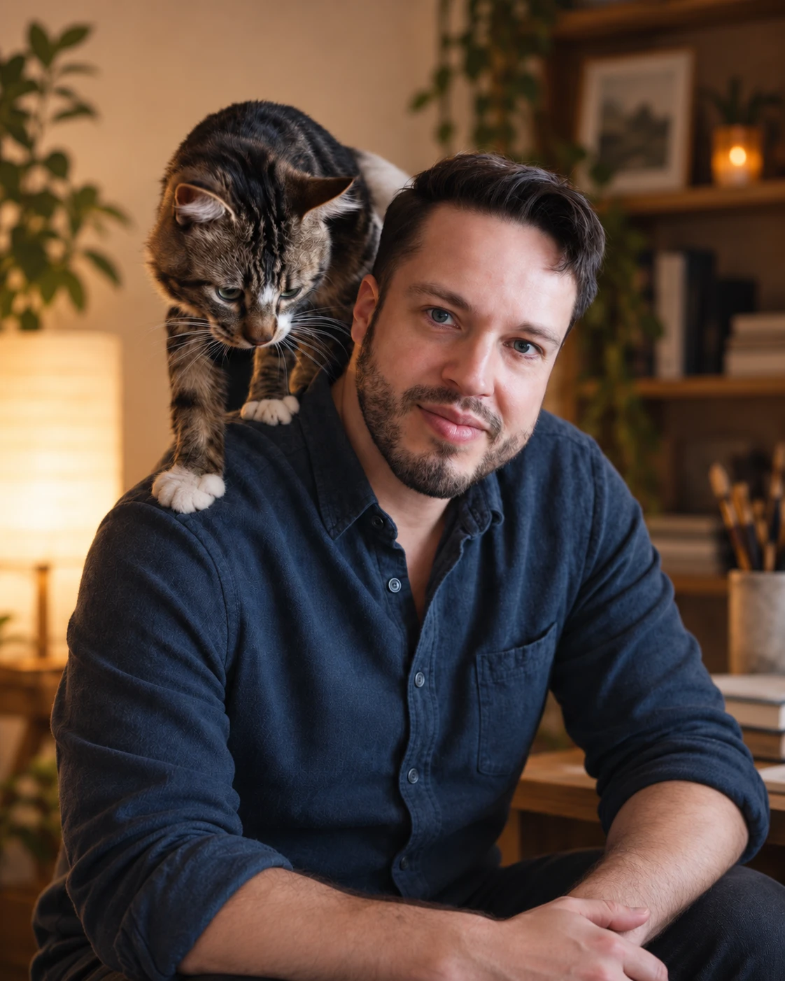 Dan Lopez, the artist behind Crystalline Visions Studio, with his cat perched on his shoulder in his studio