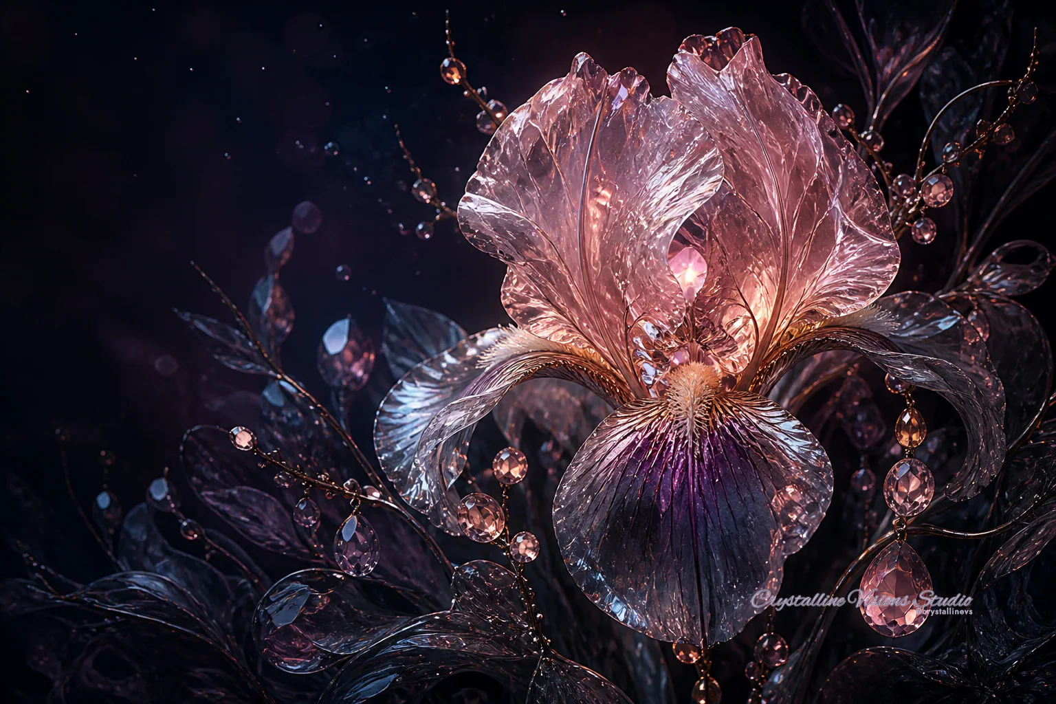 A luminous rose-quartz iris blooming among dark glass leaves and suspended gemstones.