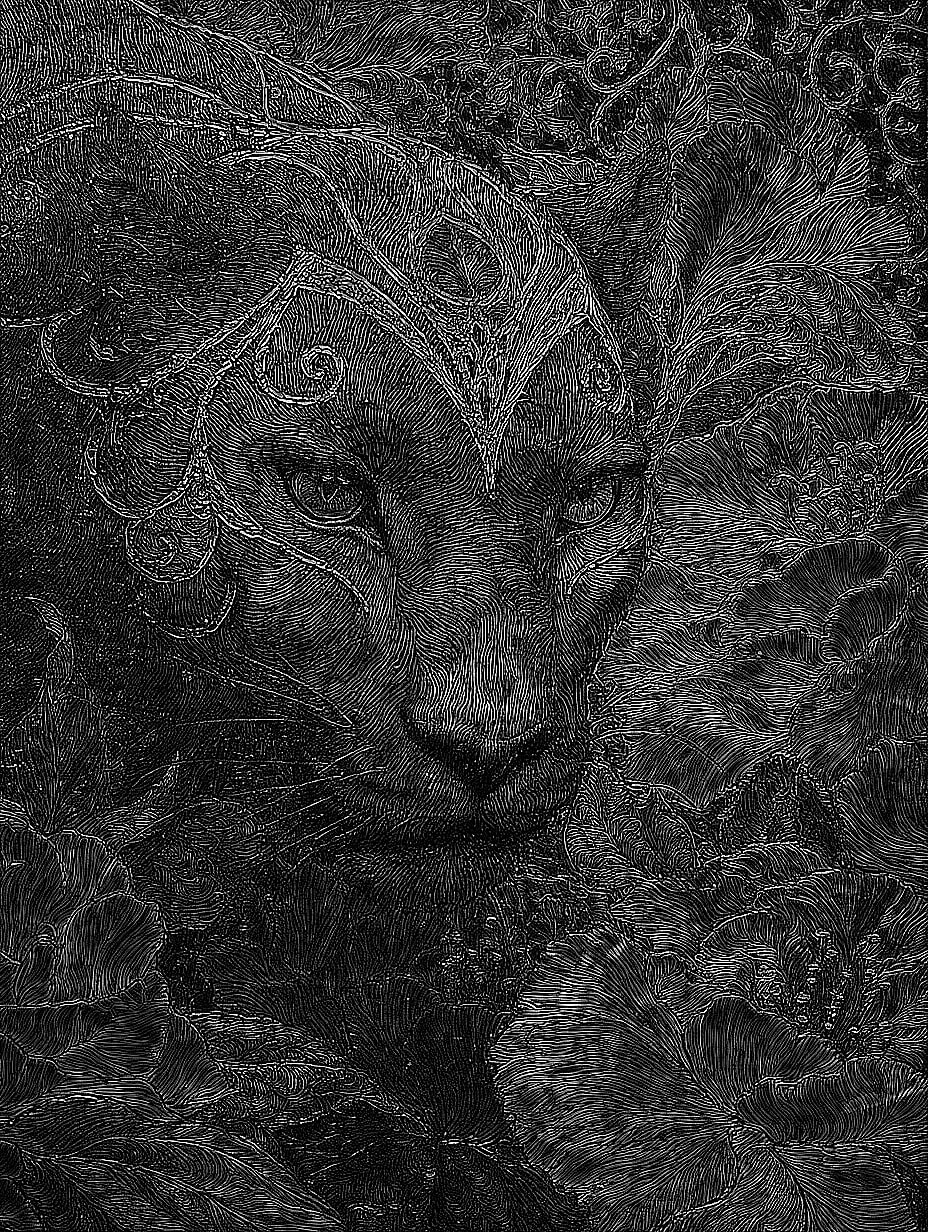 Engraved linework stage of the Gilded Panther artwork